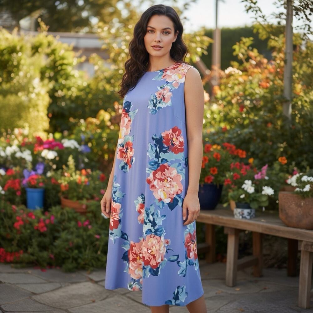 Cato Blue Floral Lightweight Sleeveless Shift Midi Dress Plus Size 26/28W